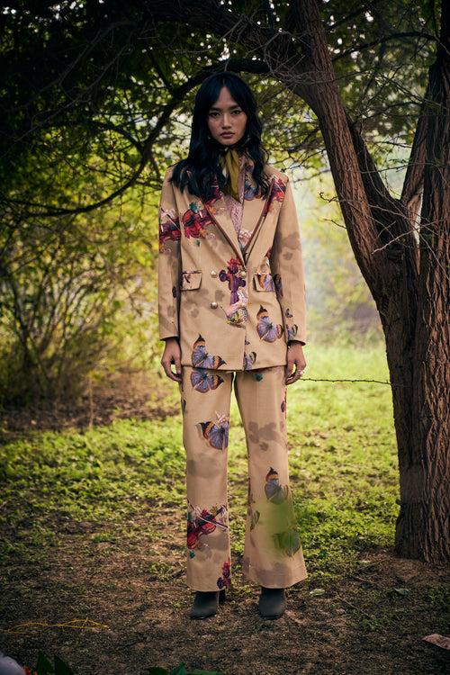 Olive Velvet Printed Pant Suit