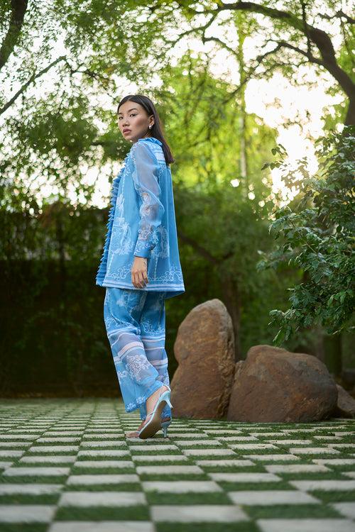 Blue La Fontaine Print Front Pleates Set