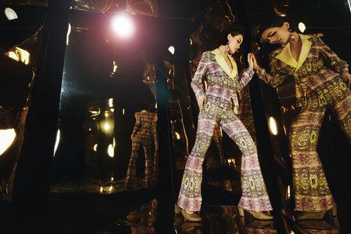 Snake Print Pant-Suit With Yellow Collar