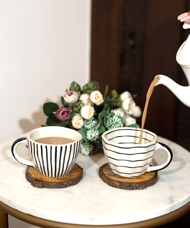 Horizontal and Vertical Black & White Handpainted And Glazed Ceramic Cups - Set of 2 Cups