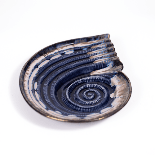 Oceanic Circular Ceramic Studio Pottery Blue, White & Brown Textured Shell Platter