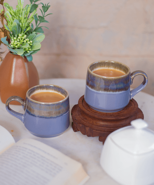 Studio Pottery Purple and Grey Dual Glazed Cups - Set of 2