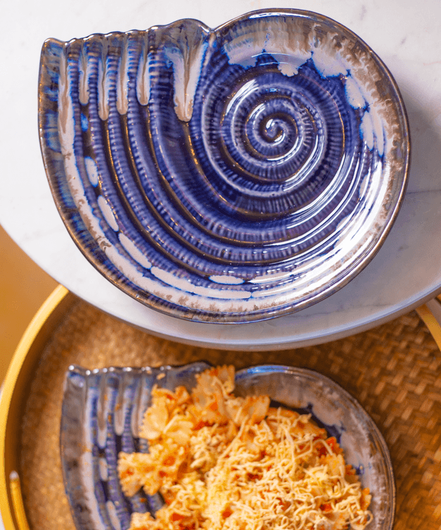 Oceanic Circular Ceramic Studio Pottery Blue, White & Brown Textured Shell Platter