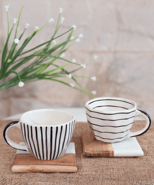 Horizontal and Vertical Black & White Handpainted And Glazed Ceramic Cups - Set of 2 Cups