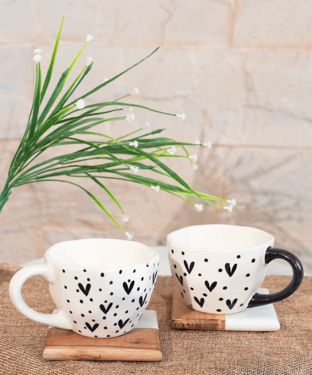 Black & White Heart and Dots Ceramic Mugs