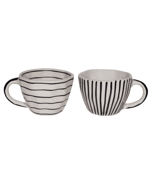 Horizontal and Vertical Black & White Handpainted And Glazed Ceramic Cups - Set of 2 Cups