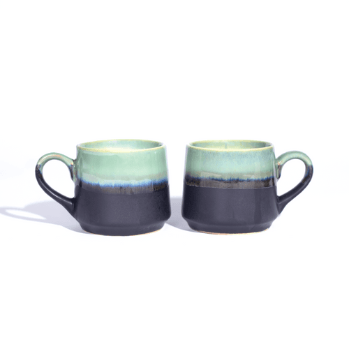 Studio Pottery Pista Green and Black Dual Glazed Cups - Set of 2