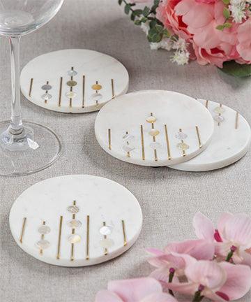 Round Marble With Brass And Mother Of Pearl Inlay Work Coasters - Set Of Four