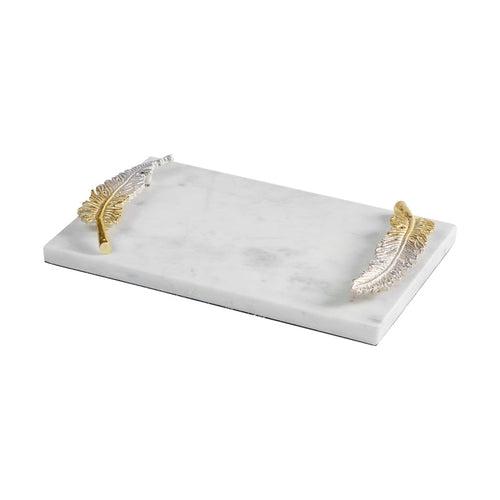 Leaf Handle Gold Silver Decorative Tray on White Marble