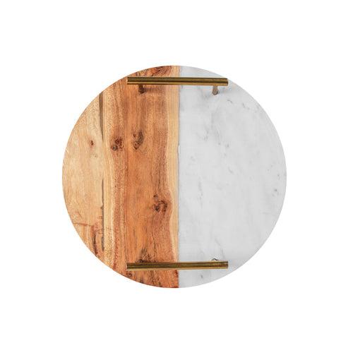 Half Wood Half White Marble Fusion Tray With Gold Finish Handles