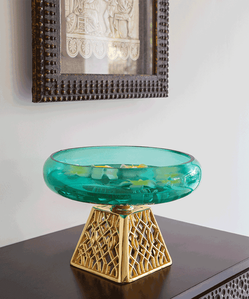 Blue Glass Bowl Urli With Cutwork Base