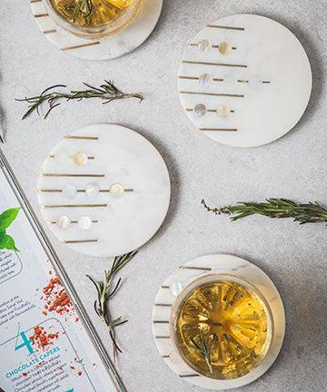 Round Marble With Brass And Mother Of Pearl Inlay Work Coasters - Set Of Four