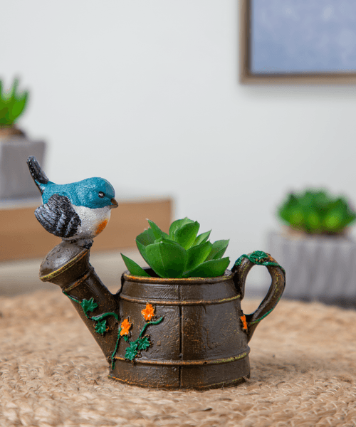 Watering Can with Perched Bird Planter Pot (Artificial Succulent Plant Included with this Planter Pot)