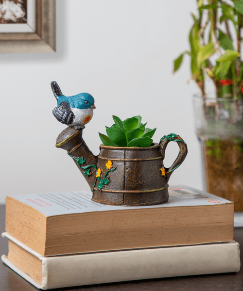 Watering Can with Perched Bird Planter Pot (Artificial Succulent Plant Included with this Planter Pot)