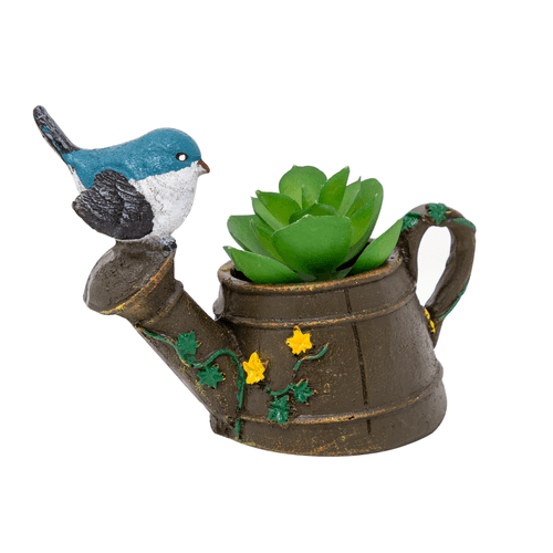 Watering Can with Perched Bird Planter Pot (Artificial Succulent Plant Included with this Planter Pot)