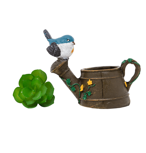 Watering Can with Perched Bird Planter Pot (Artificial Succulent Plant Included with this Planter Pot)