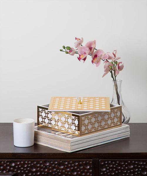 White & Gold Interlink Geometric Design Multipurpose Utility Box