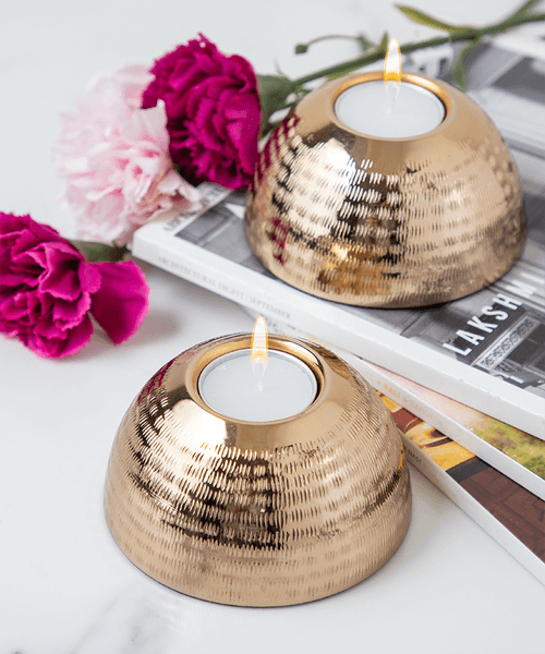 Dome Shaped Baarik Texture Tea Light Candle Holder Light Gold Finish