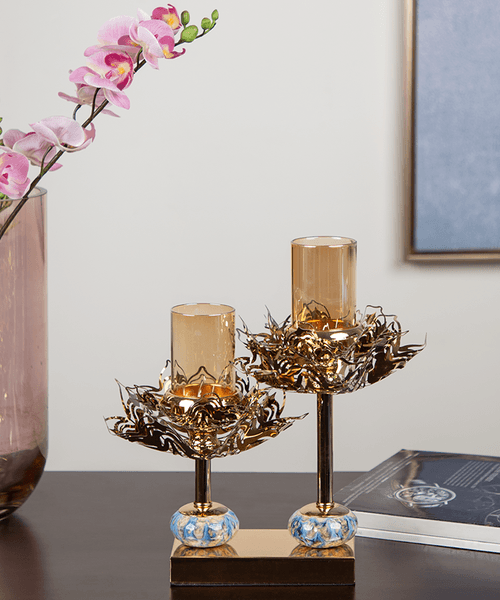 Two Lotus Single Ball Enamel Candle Holder On Base