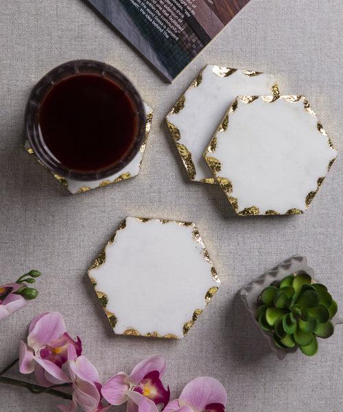 Marble Hexagon Coasters With Gold Foiling On Edges - Set Of 4