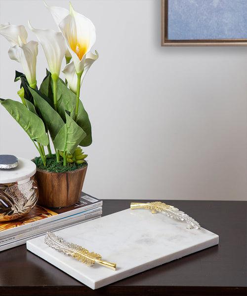 Leaf Handle Gold Silver Decorative Tray on White Marble