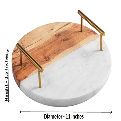 Half Wood Half White Marble Fusion Tray With Gold Finish Handles