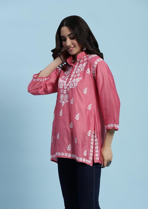 Chanderi Chikankari Solid Women's Short Kurta - Pink