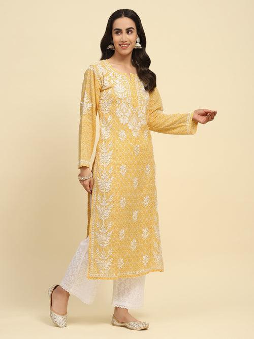 Mulmul Chikankari Printed Women's Long Kurta - Yellow