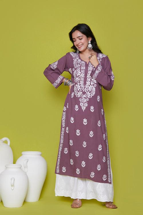 Rayon Chikankari Solid Women's Long Kurta - Purple