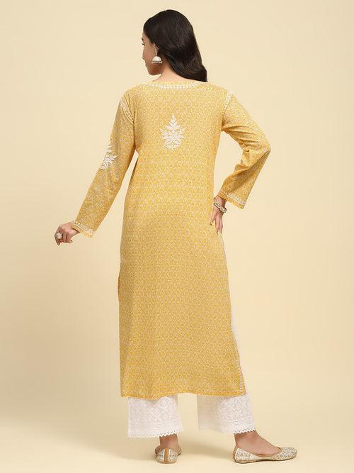 Mulmul Chikankari Printed Women's Long Kurta - Yellow