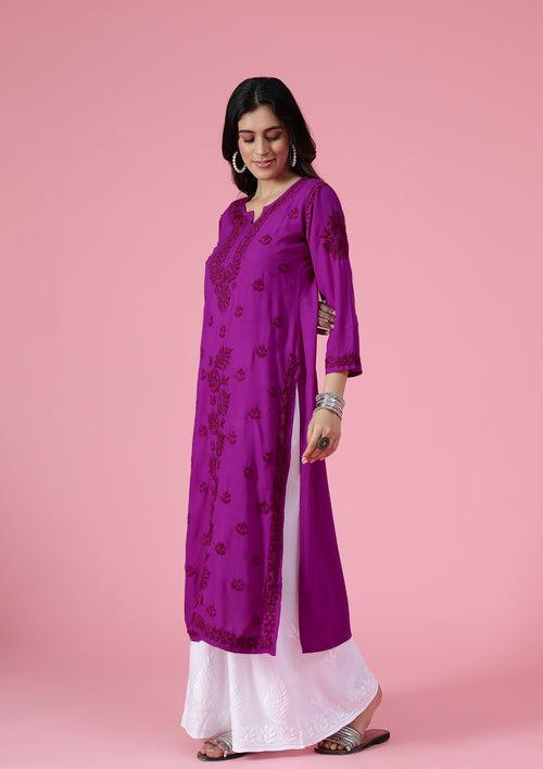 Rayon Chikankari Solid Women's Long Kurta - Purple