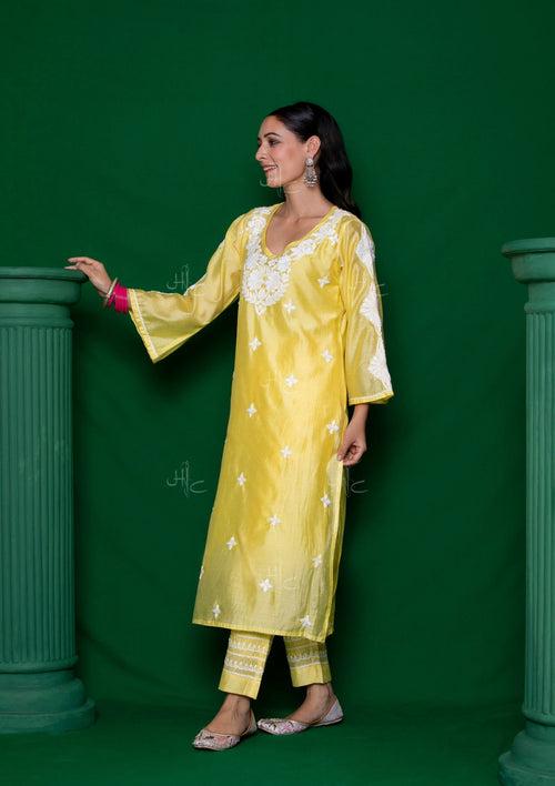 Chanderi Chikankari Solid Women's 2 PC Long Kurta Set - Yellow