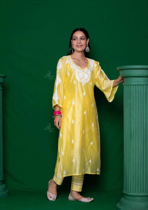 Chanderi Chikankari Solid Women's 2 PC Long Kurta Set - Yellow