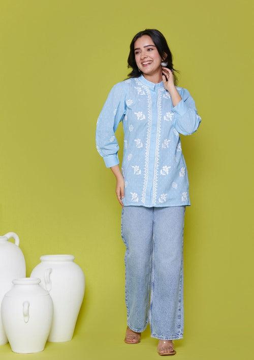 Cotton Chikankari Solid Women's Shirt - Blue