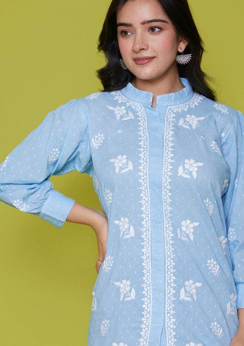 Cotton Chikankari Solid Women's Shirt - Blue