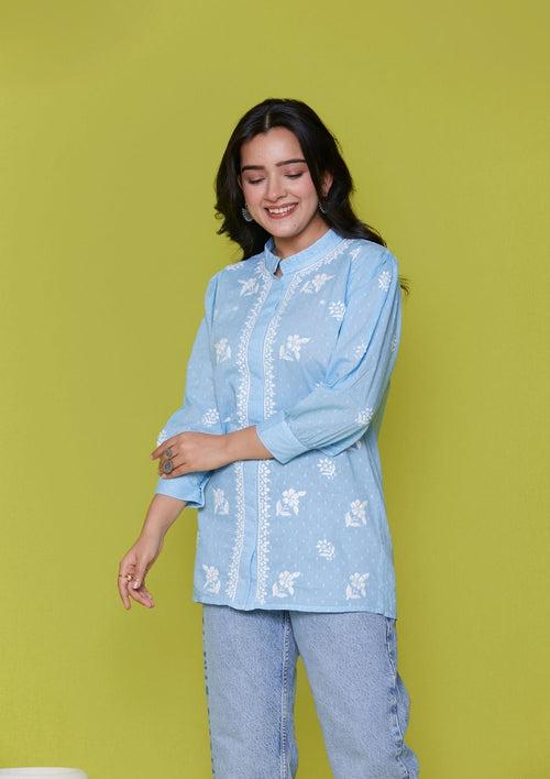 Cotton Chikankari Solid Women's Shirt - Blue