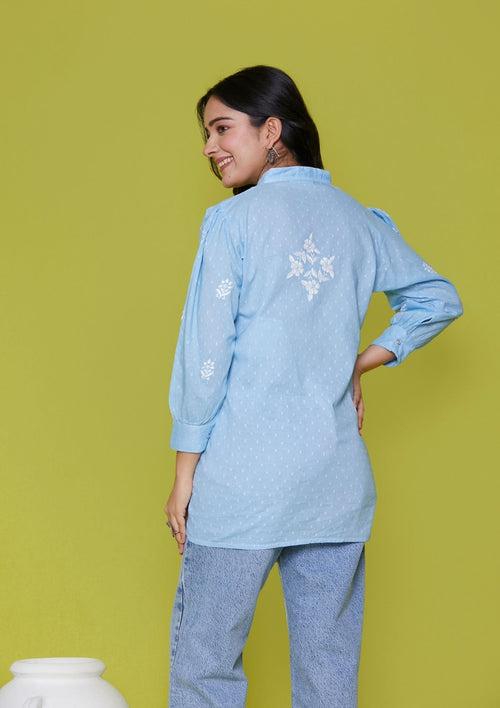 Cotton Chikankari Solid Women's Shirt - Blue