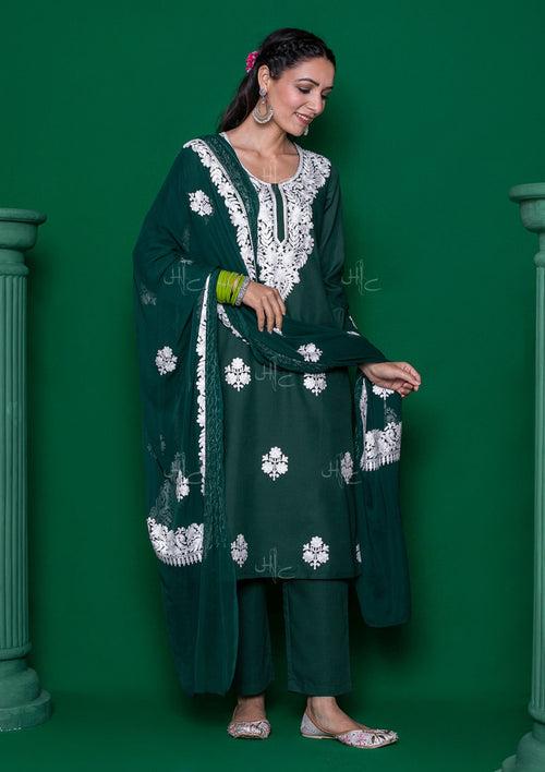 Cotton Embroidered Solid Women's 3 PC Long Kurta Set - Dark Green