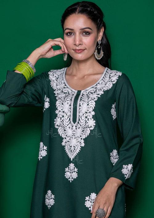 Cotton Embroidered Solid Women's 3 PC Long Kurta Set - Dark Green