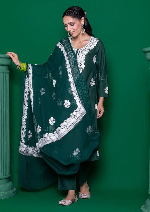 Cotton Embroidered Solid Women's 3 PC Long Kurta Set - Dark Green