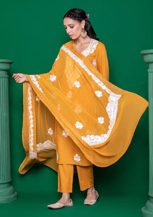 Cotton Embroidered Solid Women's 3 PC Long Kurta Set - Yellow