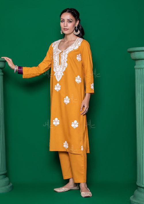 Cotton Embroidered Solid Women's 3 PC Long Kurta Set - Yellow