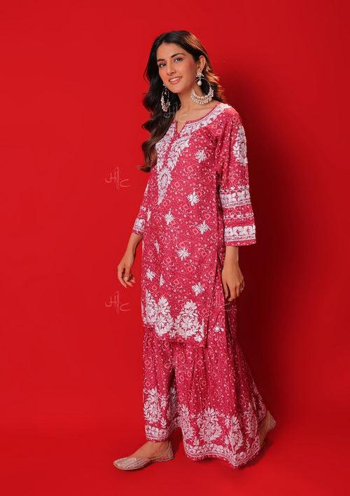 Meher Mulmul Chikankari Printed Women's 2 PC Short Kurta Set with Gharara - Pink