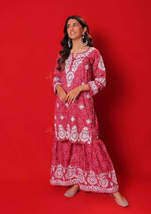 Meher Mulmul Chikankari Printed Women's 2 PC Short Kurta Set with Gharara - Pink