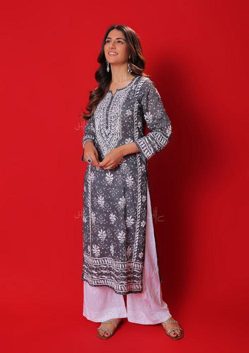 Meher Mulmul Chikankari Printed Women's Long Kurta - Grey