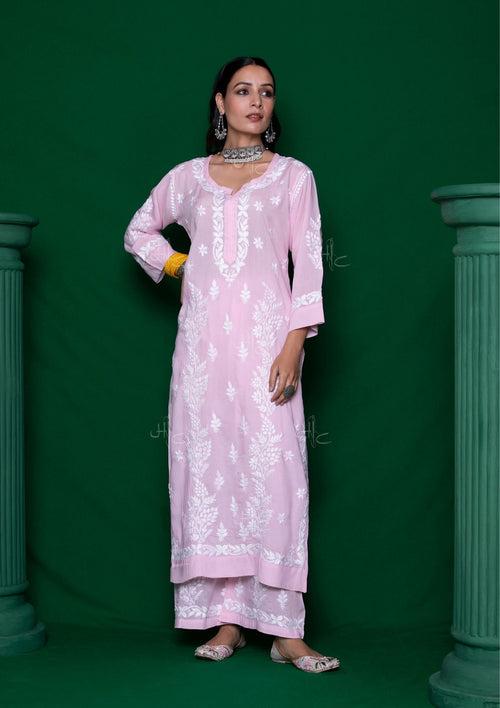 Modal Chikankari Solid Women's 2PC Long Kurta Set - Pink