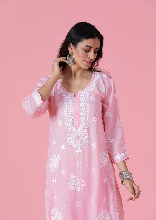 Modal Chikankari Solid Women's 2 PC Long Kurta Set - Pink