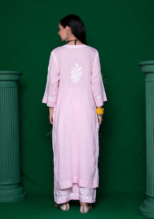Modal Chikankari Solid Women's 2PC Long Kurta Set - Pink