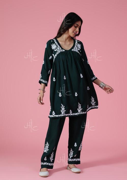 Modal Chikankari Solid Women's 2 PC Short Kurta Set - Dark Green