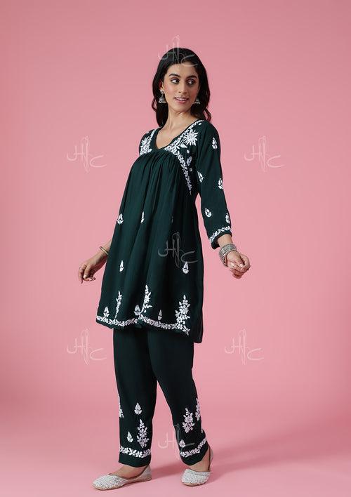 Modal Chikankari Solid Women's 2 PC Short Kurta Set - Dark Green